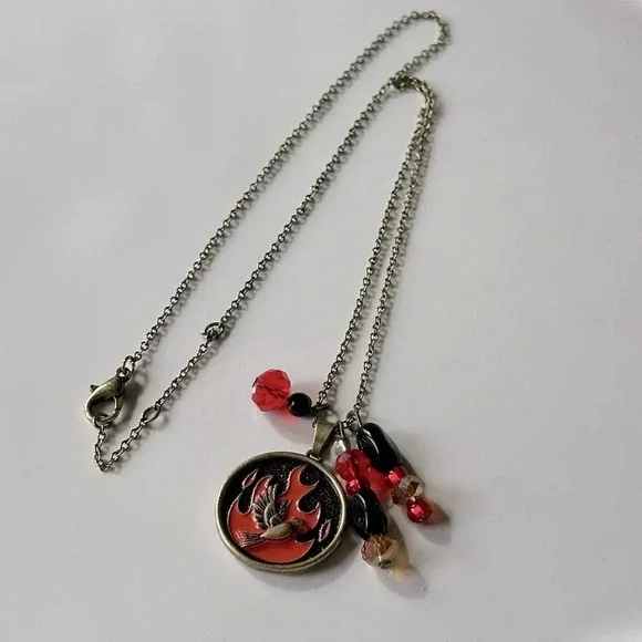 Handmade Firebird Phoenix Necklace Set in Burnished Brass w/ Glass Beads - Picture 4 of 7